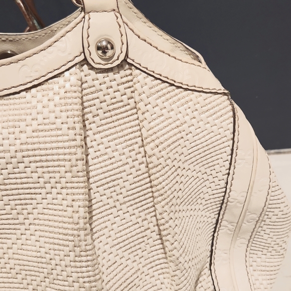 π GUCCI LUXURY MEDIUM STRAW LEATHER MONOGRAM HOBO HAND BAG π― AUTHENTIC - Picture 8 of 15